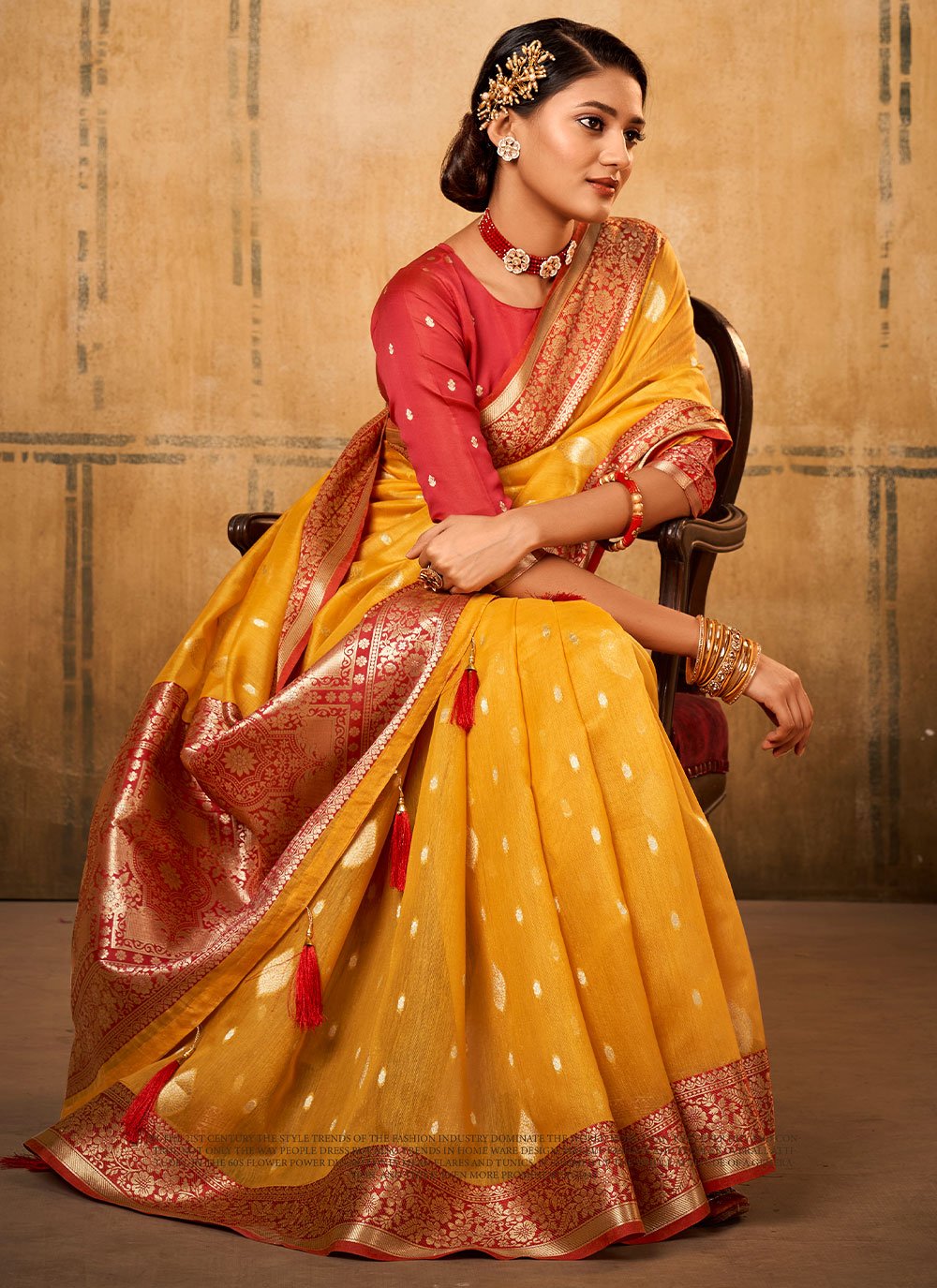 Classic Banarasi Silk Tissue Mustard Patch Border Saree