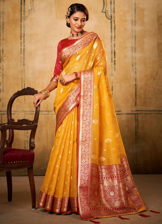 Classic Banarasi Silk Tissue Mustard Patch Border Saree