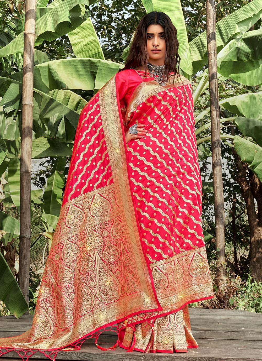 Traditional Saree Banarasi Silk Fuchsia Weaving Saree