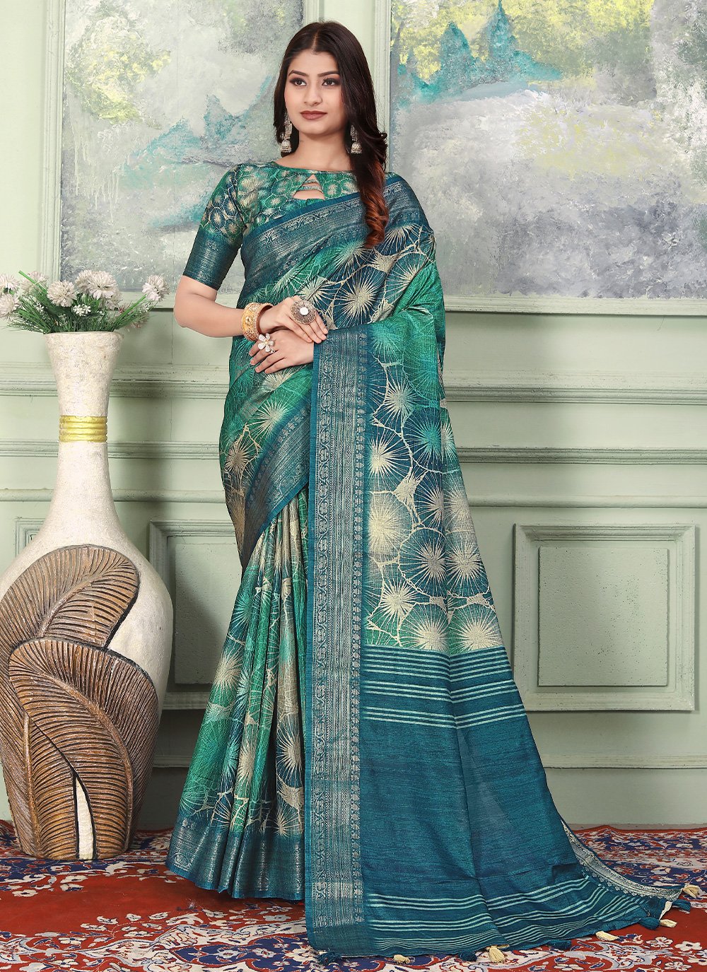 Contemporary Banarasi Silk Tussar Silk Morpeach Weaving Saree