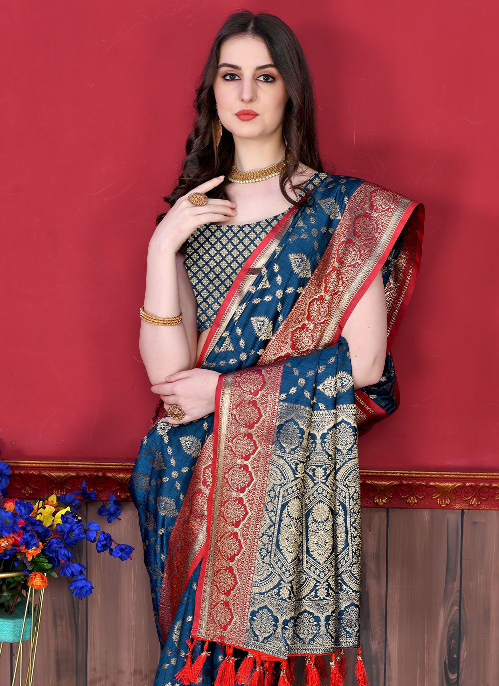 Classic Katan Silk Morpeach Patch Border Saree