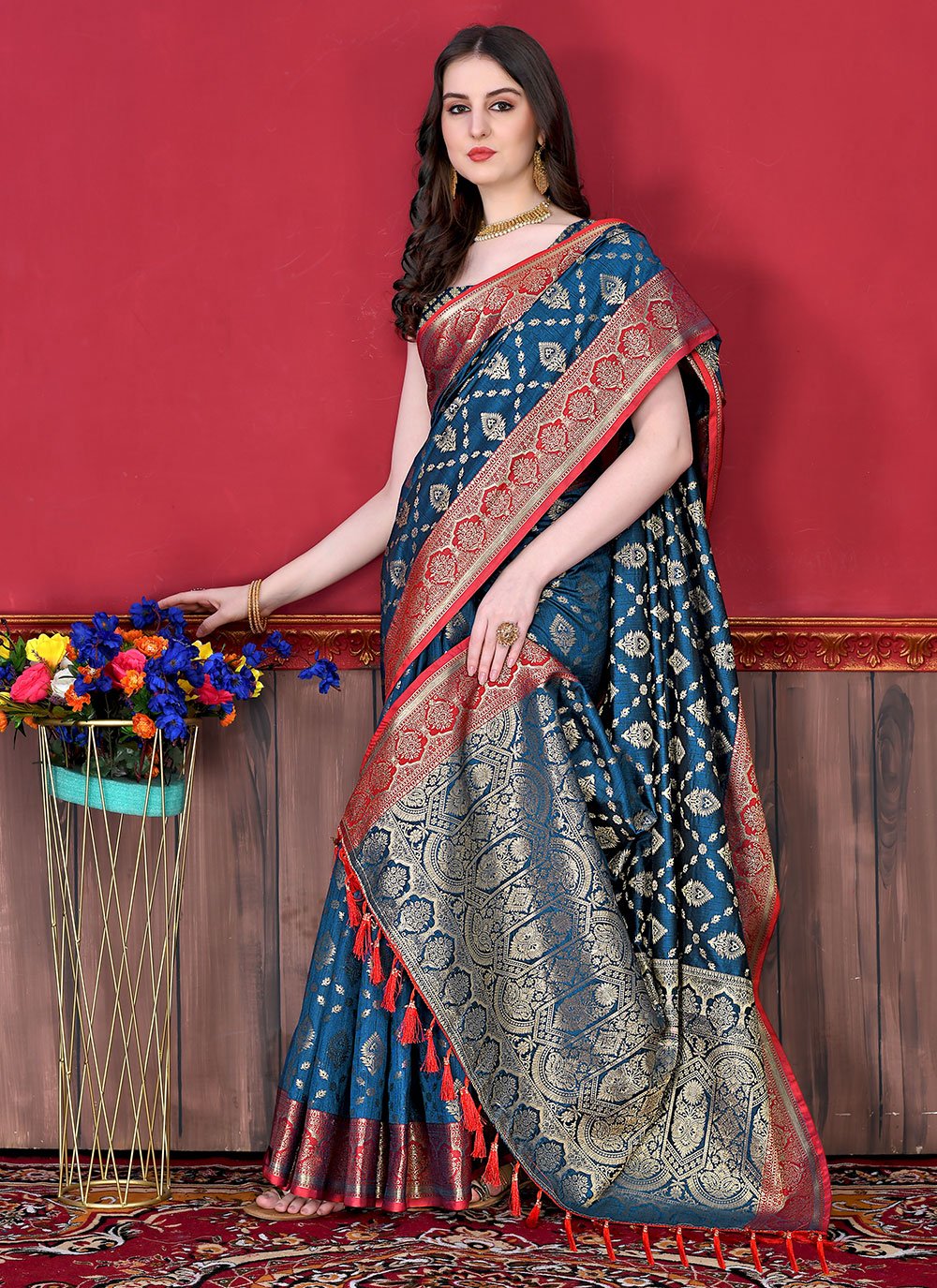 Classic Katan Silk Morpeach Patch Border Saree