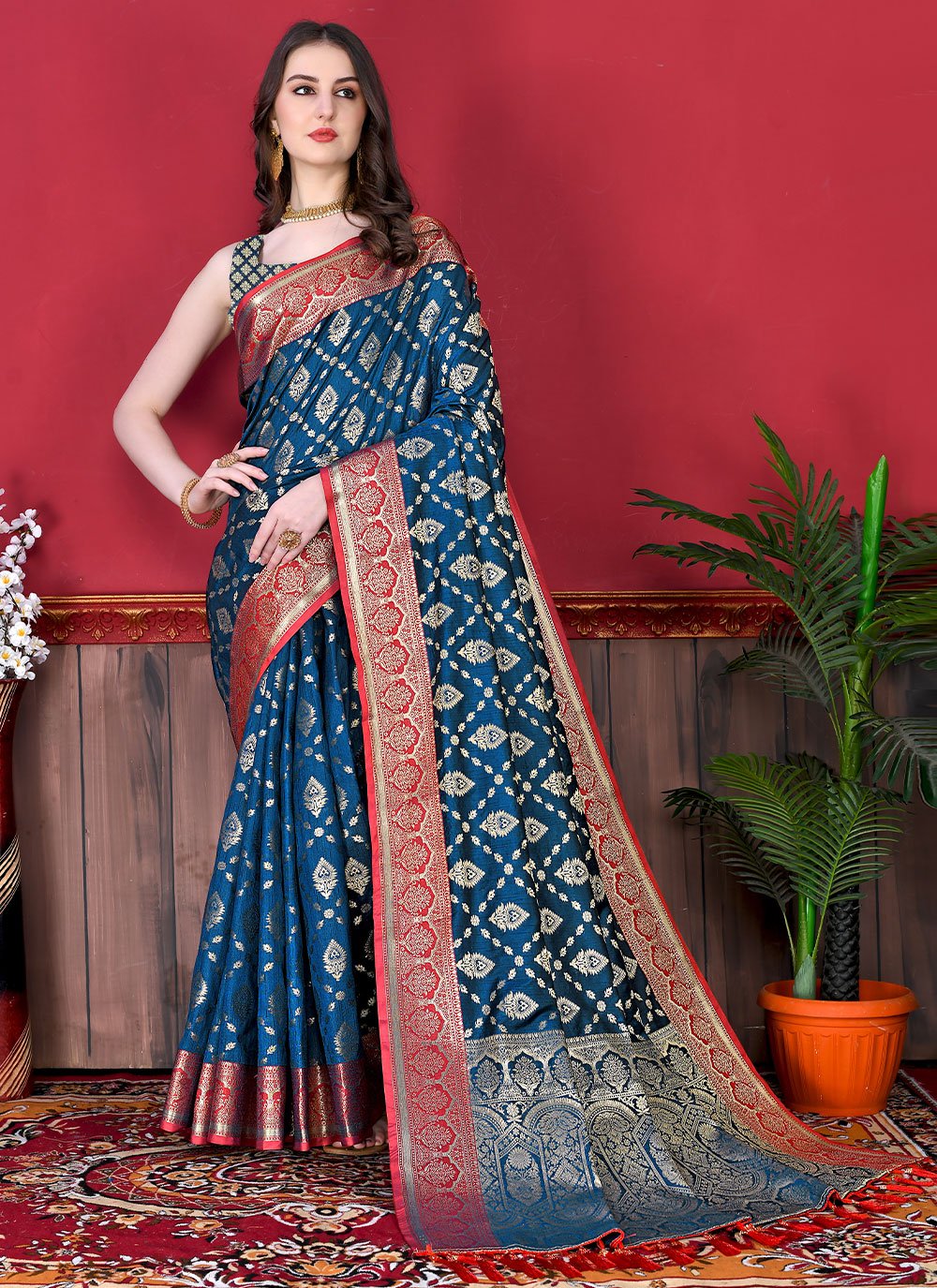 Classic Katan Silk Morpeach Patch Border Saree