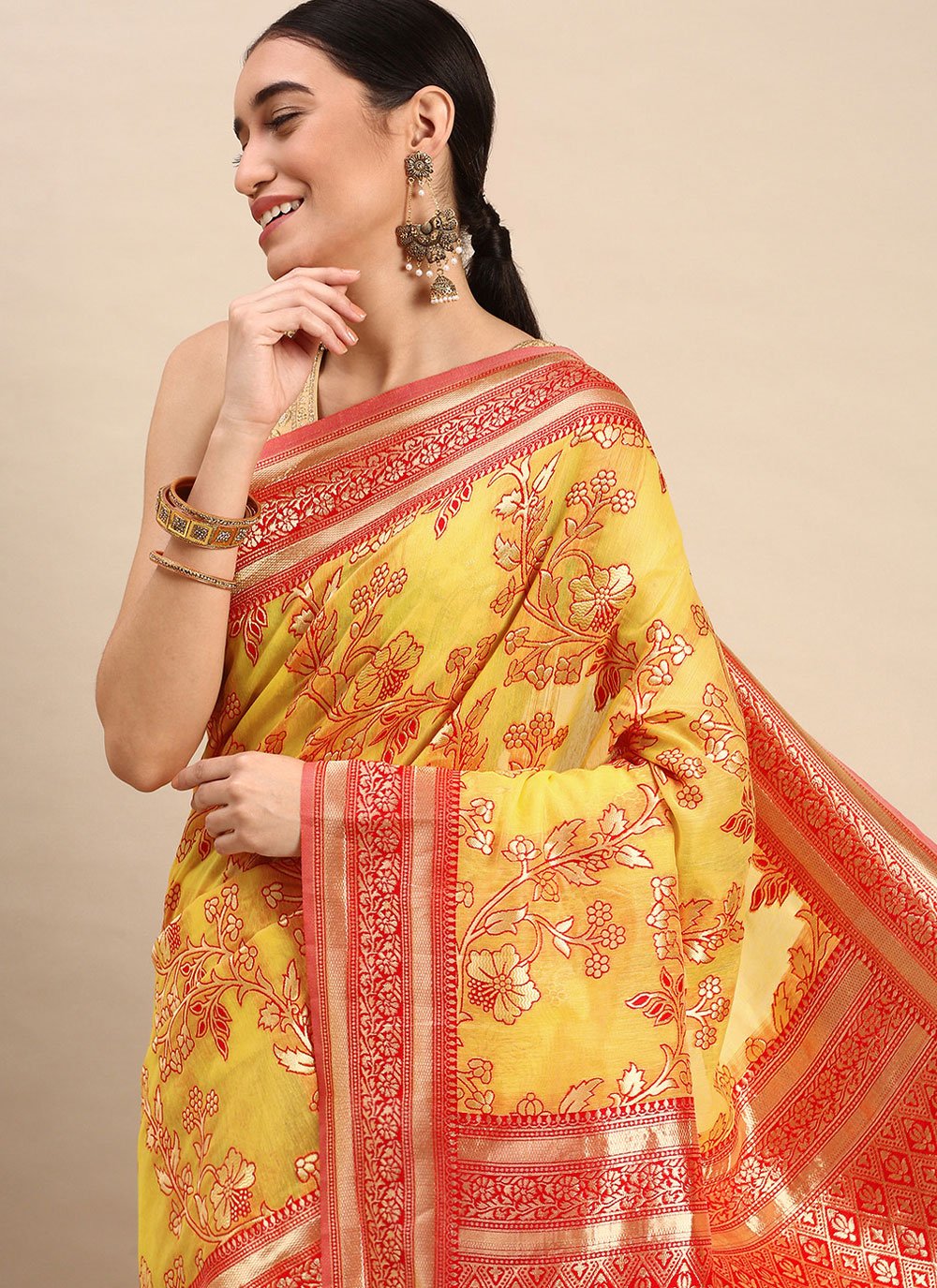 Classic Soft Cotton Mustard Weaving Saree