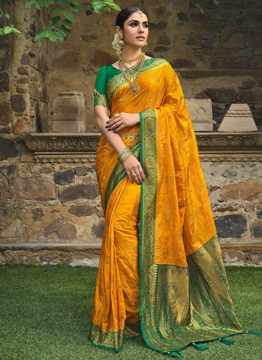 Contemporary Satin Silk Mustard Weaving Saree