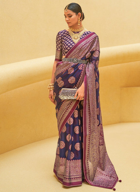 Designer Brasso Organza Blue Weaving Saree