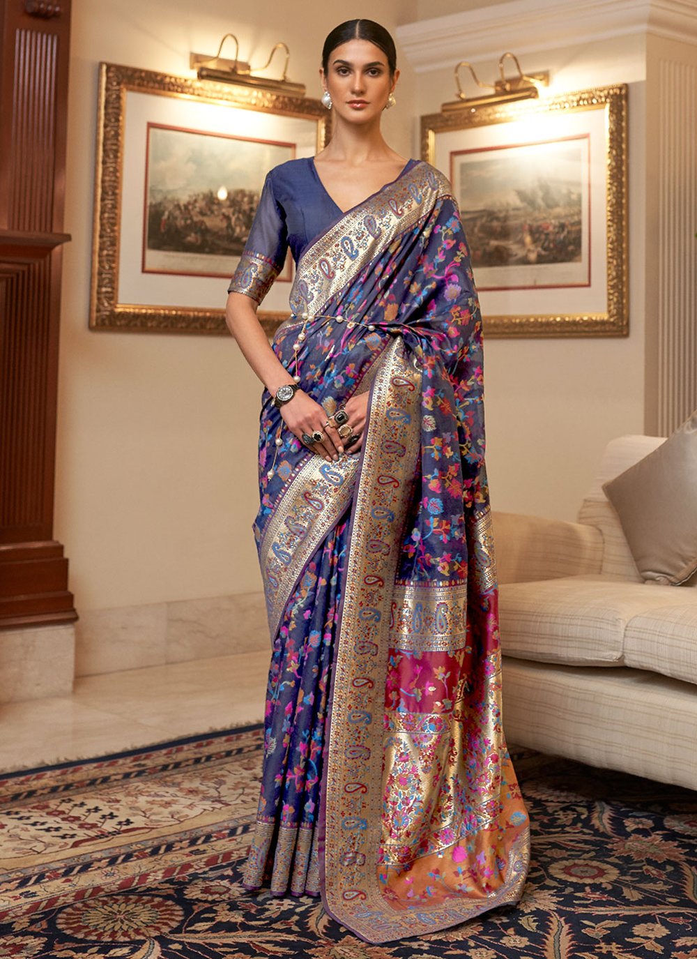 Trendy Saree Handloom Silk Blue Weaving Saree