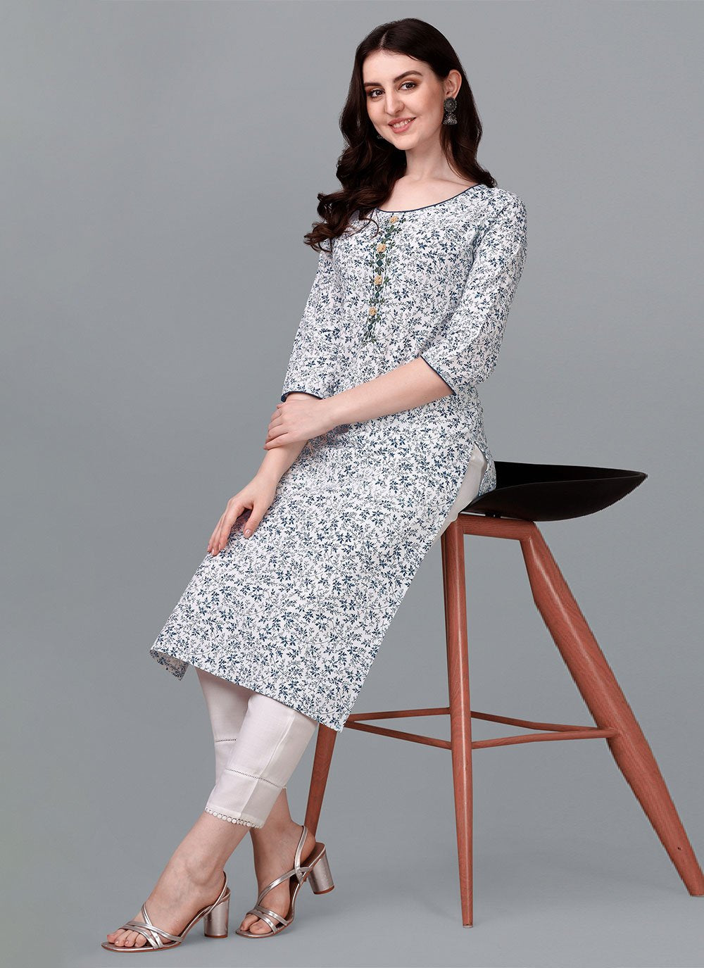 Designer Kurti Cotton Off White Weaving Kurtis