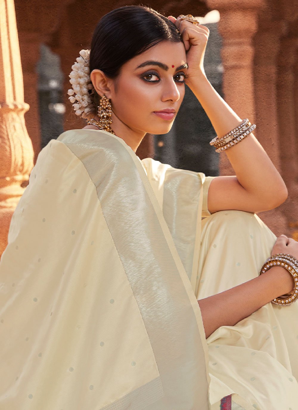 Contemporary Satin Silk Off White Weaving Saree