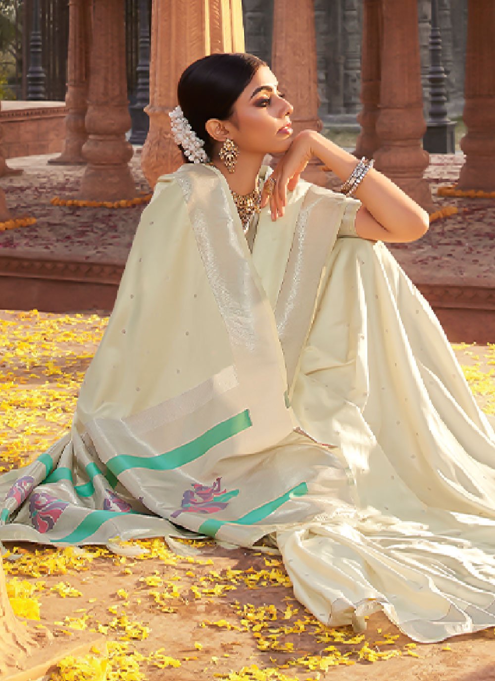 Contemporary Satin Silk Off White Weaving Saree