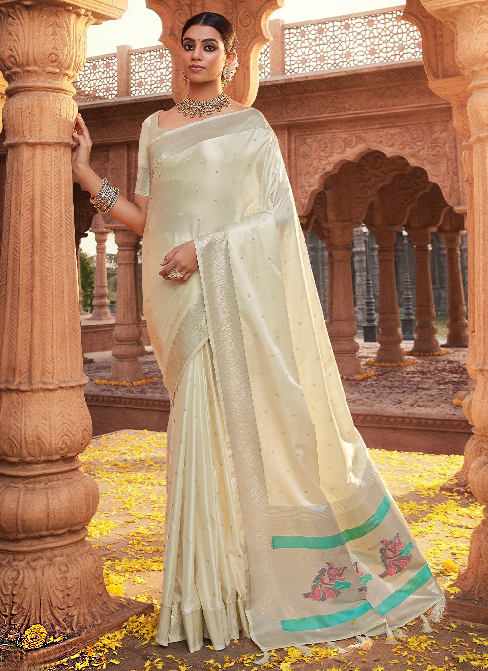 Contemporary Satin Silk Off White Weaving Saree