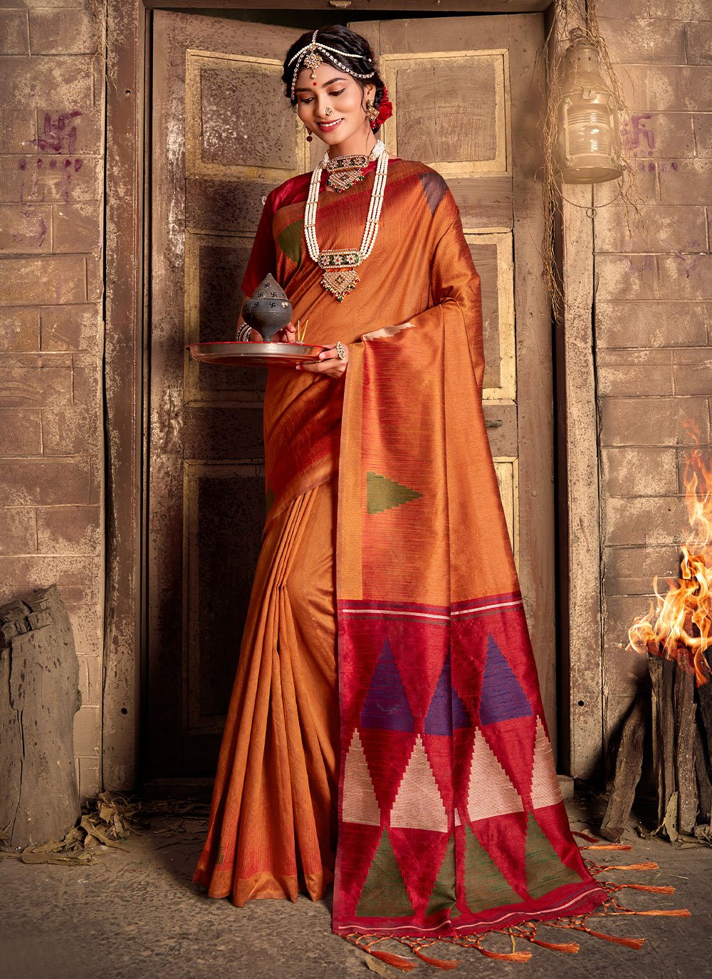 Classic Khadi Silk Orange Weaving Saree