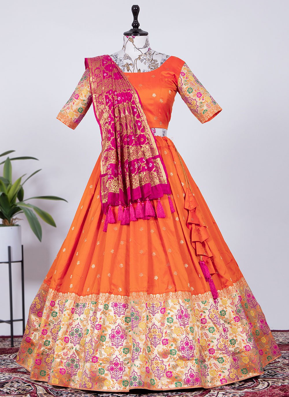 Lehenga Choli Jacquard Silk Orange Weaving Lehenga Choli