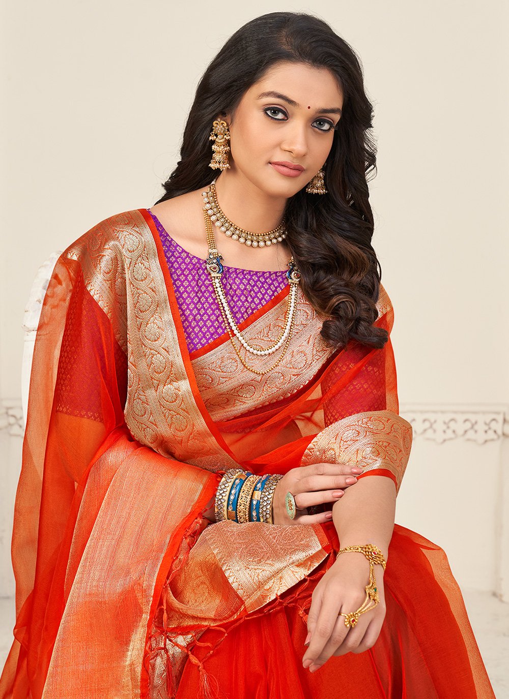 Classic Organza Orange Patch Border Saree