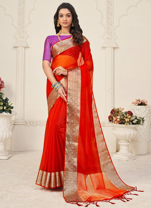 Classic Organza Orange Patch Border Saree