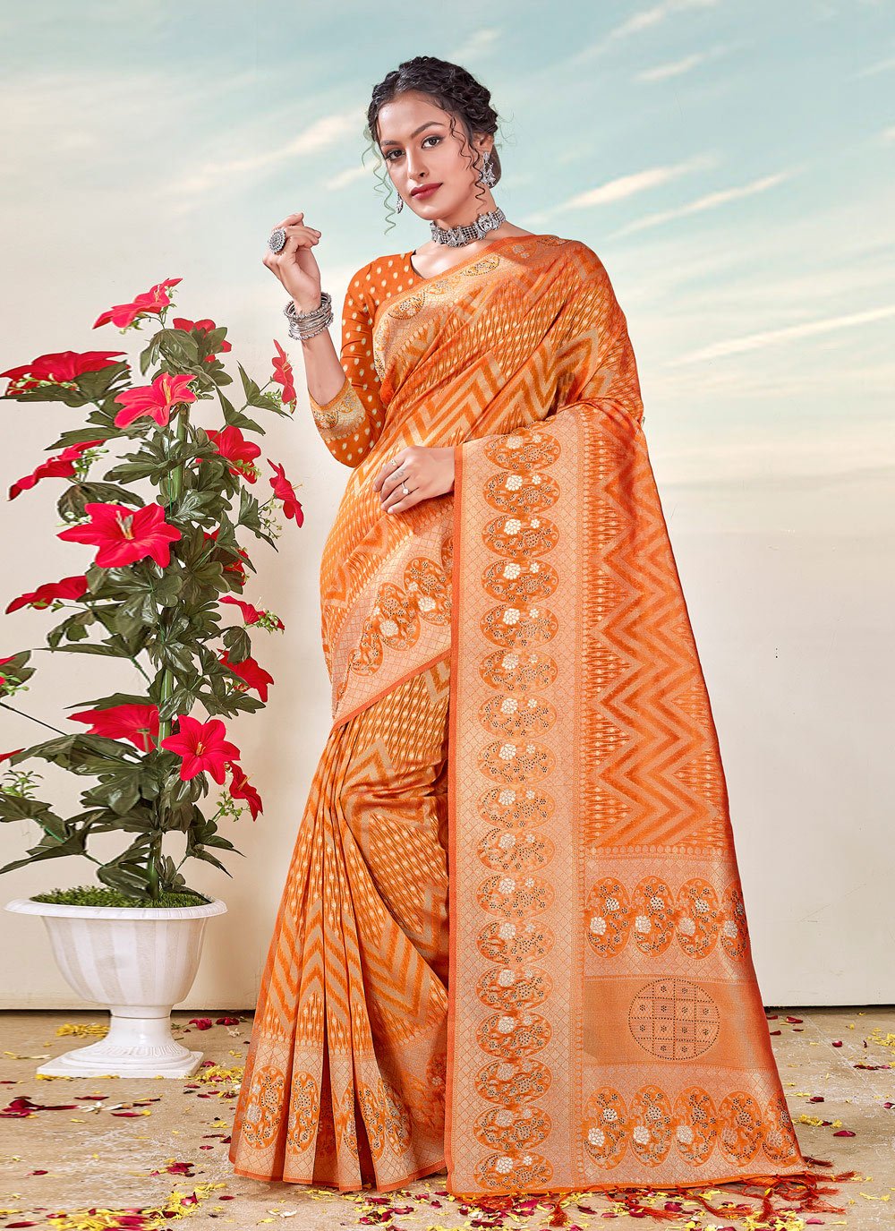 Traditional Saree Organza Orange Weaving Saree