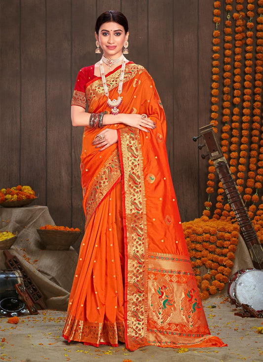 Traditional Saree Silk Orange Weaving Saree