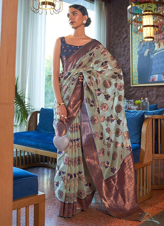 Contemporary Organza Sea Green Weaving Saree