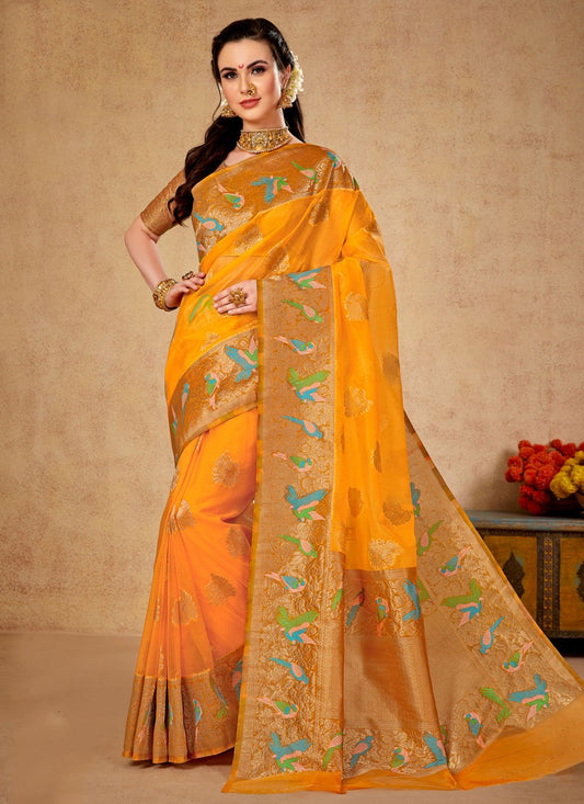 Contemporary Organza Orange Weaving Saree