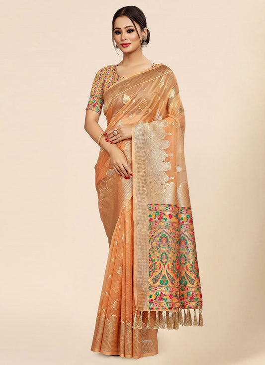 Contemporary Organza Orange Weaving Saree