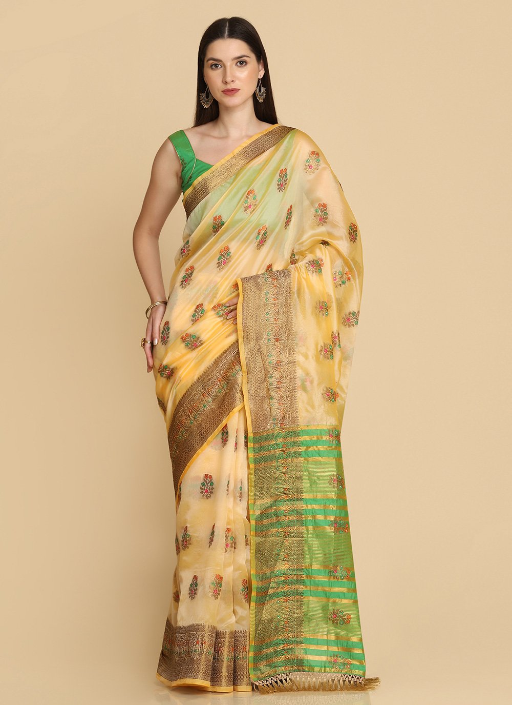 Traditional Saree Organza Cream Weaving Saree