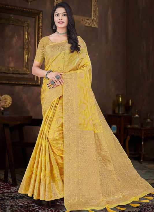 Classic Organza Silk Yellow Weaving Saree