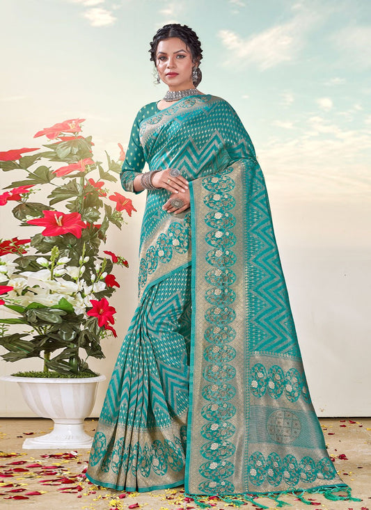 Traditional Saree Organza Turquoise Weaving Saree