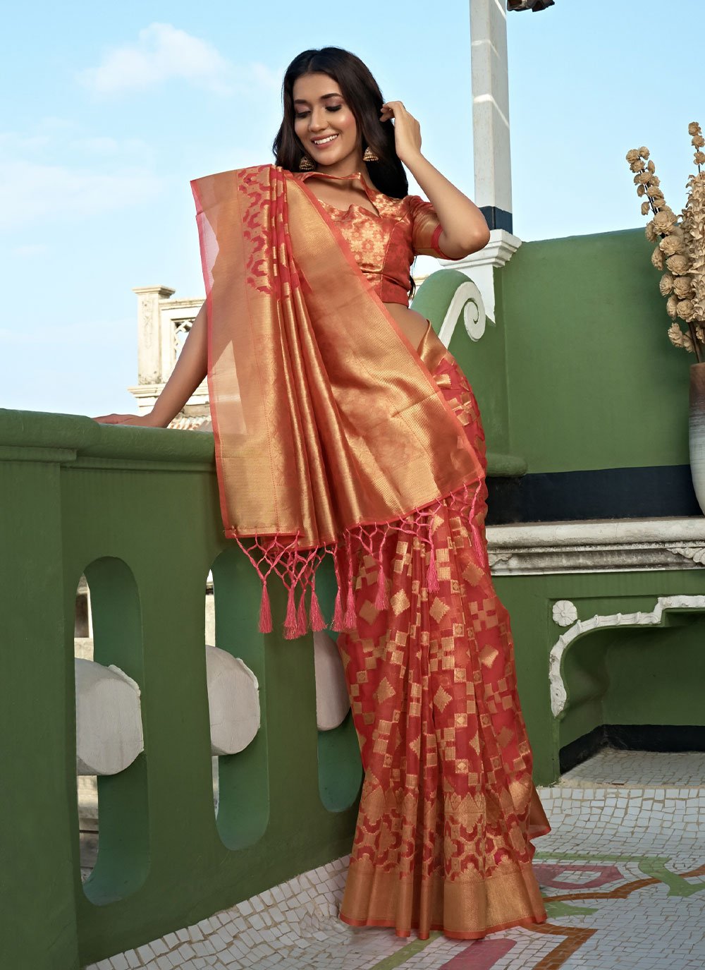 Trendy Saree Organza Silk Rust Weaving Saree