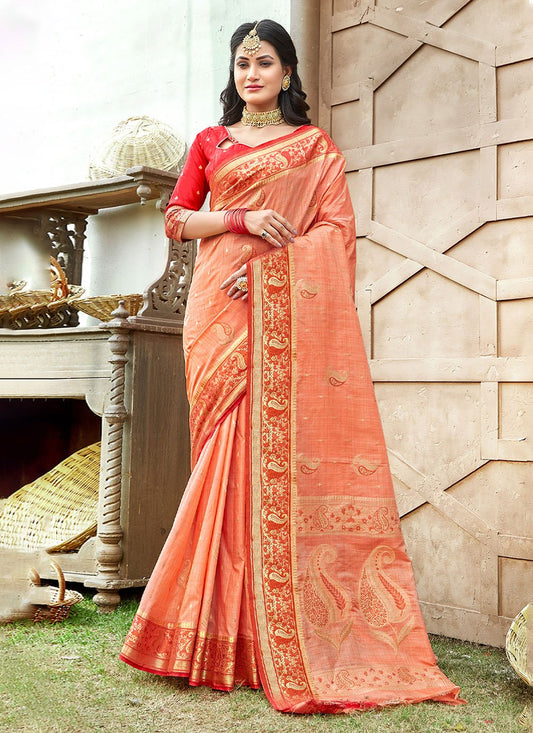 Classic Silk Peach Weaving Saree