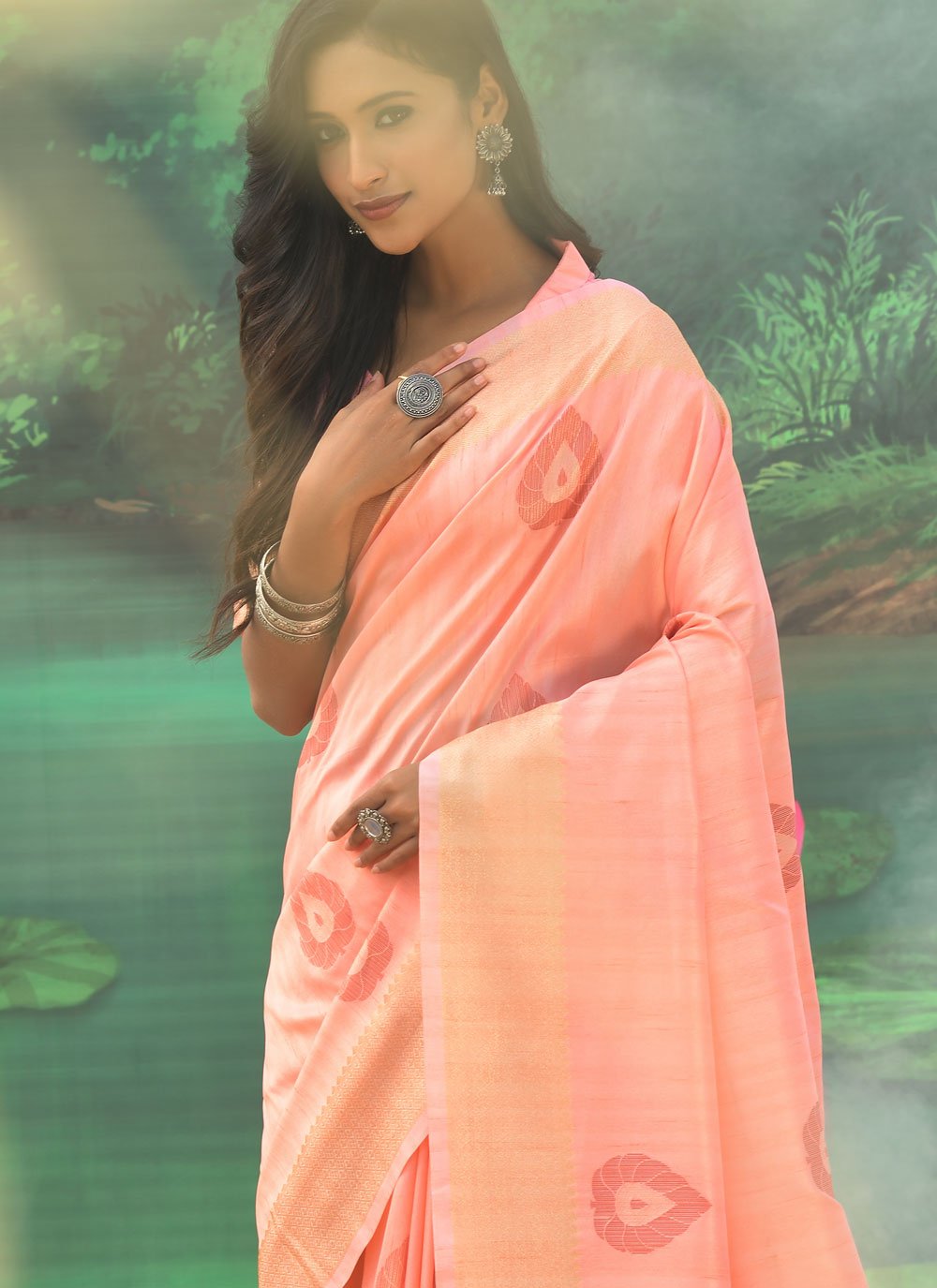 Designer Silk Peach Weaving Saree