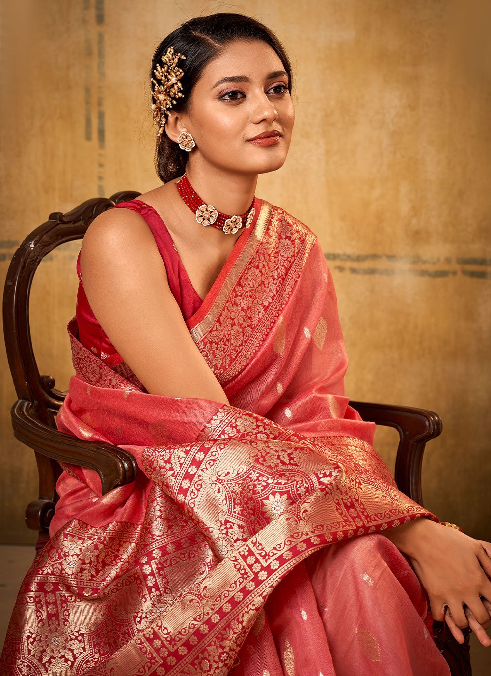 Classic Banarasi Silk Tissue Pink Patch Border Saree