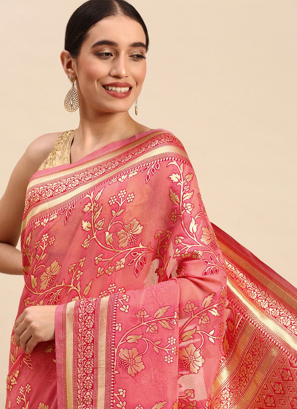 Classic Soft Cotton Pink Weaving Saree