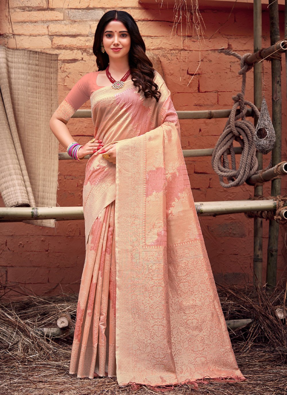 Traditional Saree Organza Pink Weaving Saree