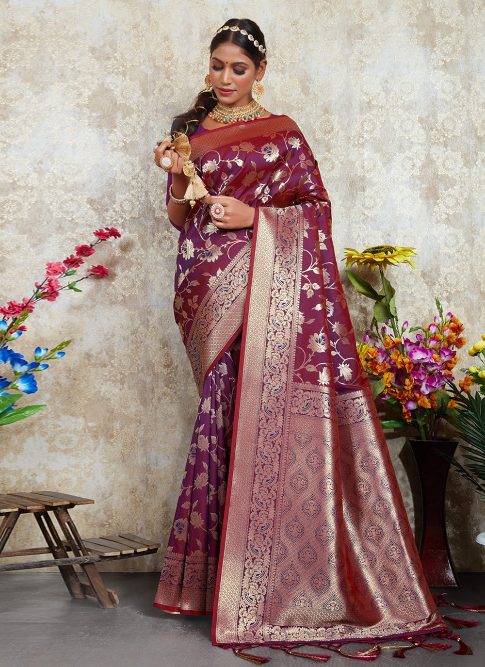 Trendy Saree Silk Purple Foil Print Saree