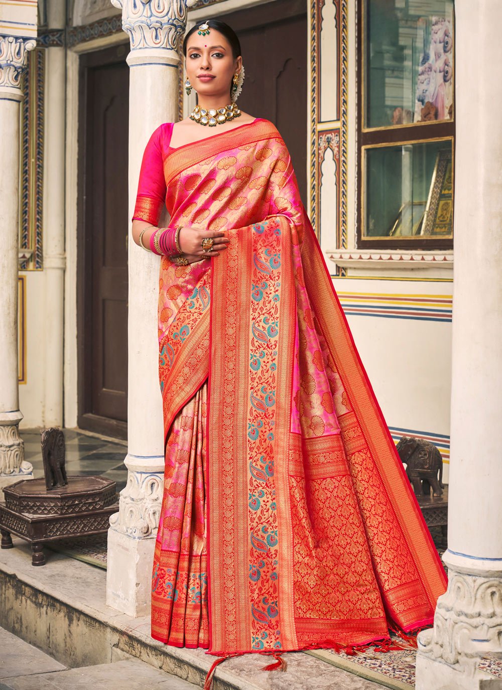 Traditional Saree Kanjivaram Silk Rani Embroidered Saree