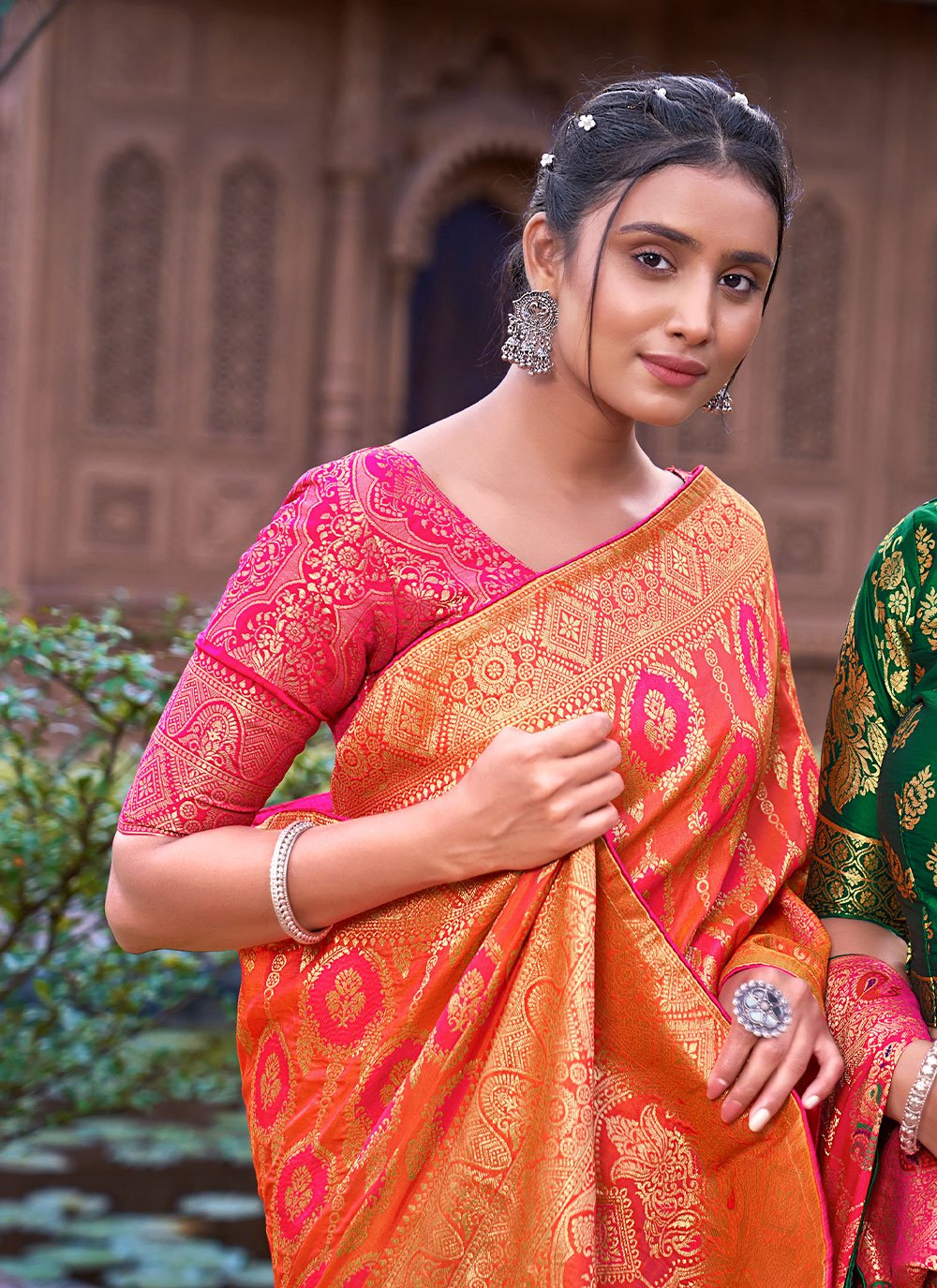 Classic Banarasi Silk Orange Weaving Saree