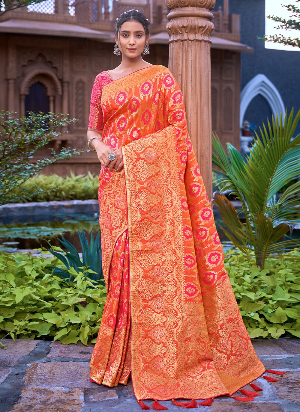 Classic Banarasi Silk Orange Weaving Saree