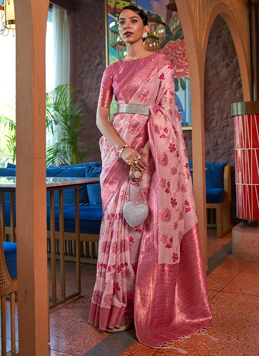 Trendy Saree Organza Pink Weaving Saree