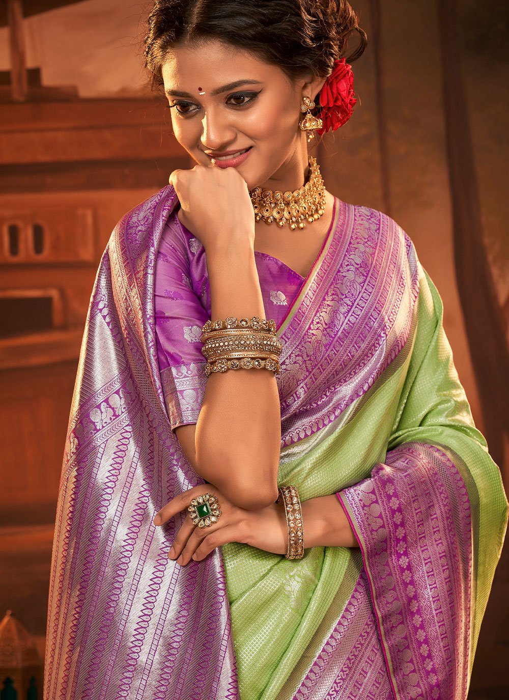 Classic Kanchipuram Silk Green Weaving Saree