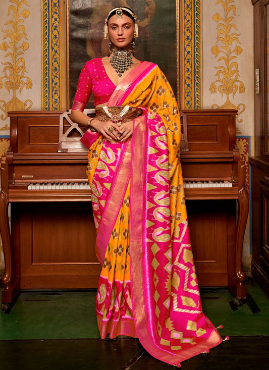 Contemporary Patola Silk Pink Yellow Weaving Saree