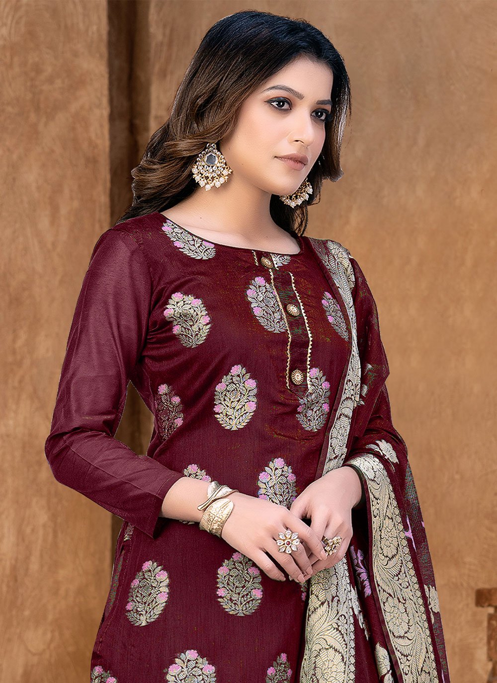 Salwar Suit Banarasi Jacquard Maroon Weaving Salwar Kameez