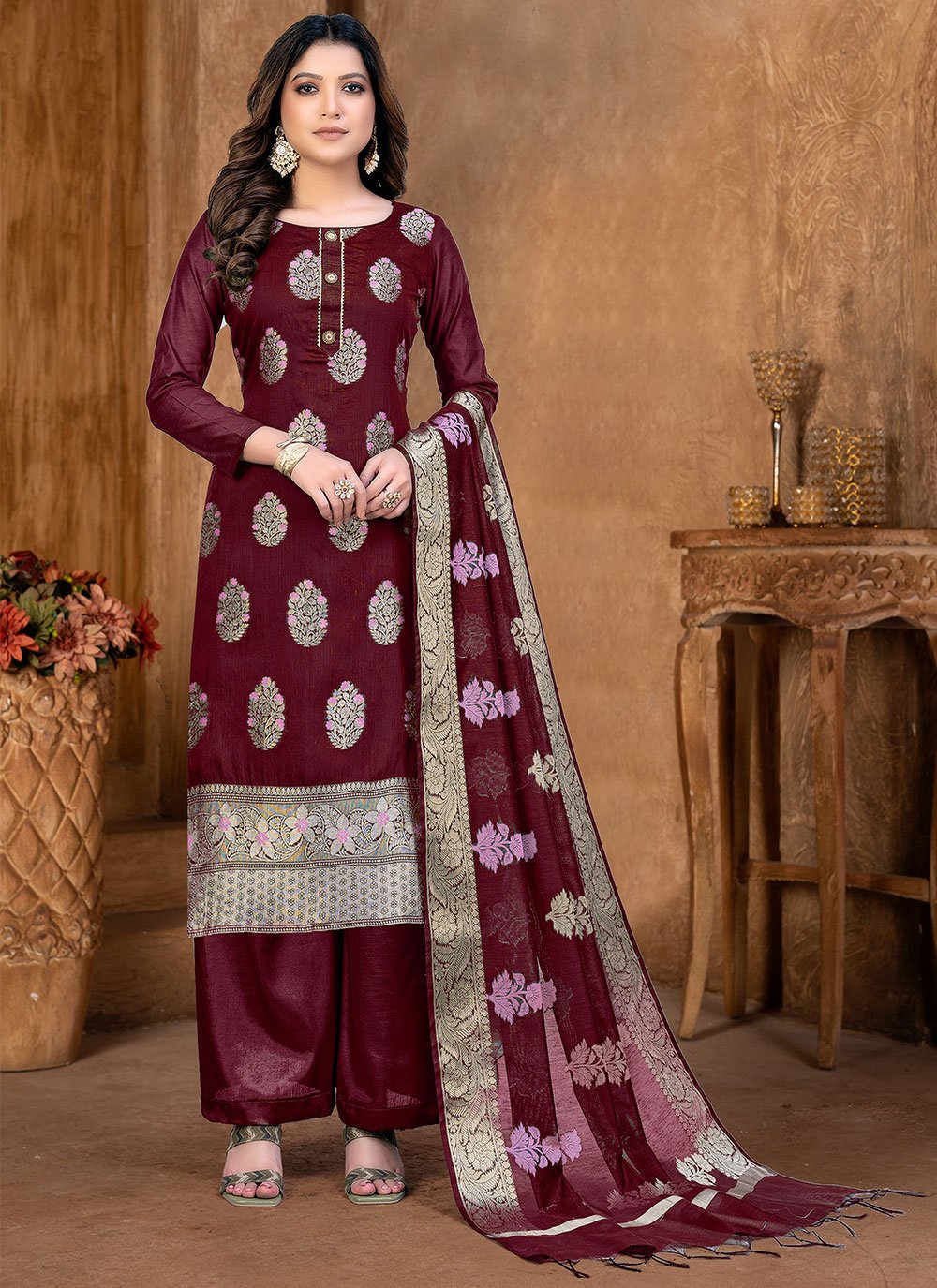 Salwar Suit Banarasi Jacquard Maroon Weaving Salwar Kameez