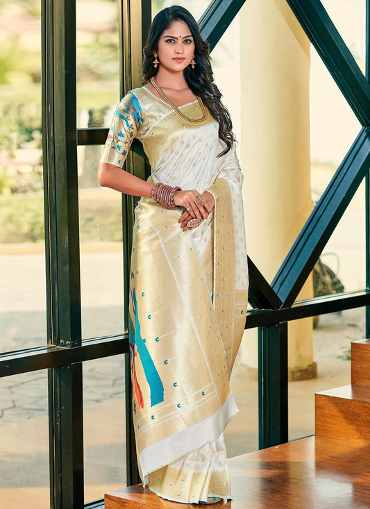 Classic Silk Off White Weaving Saree