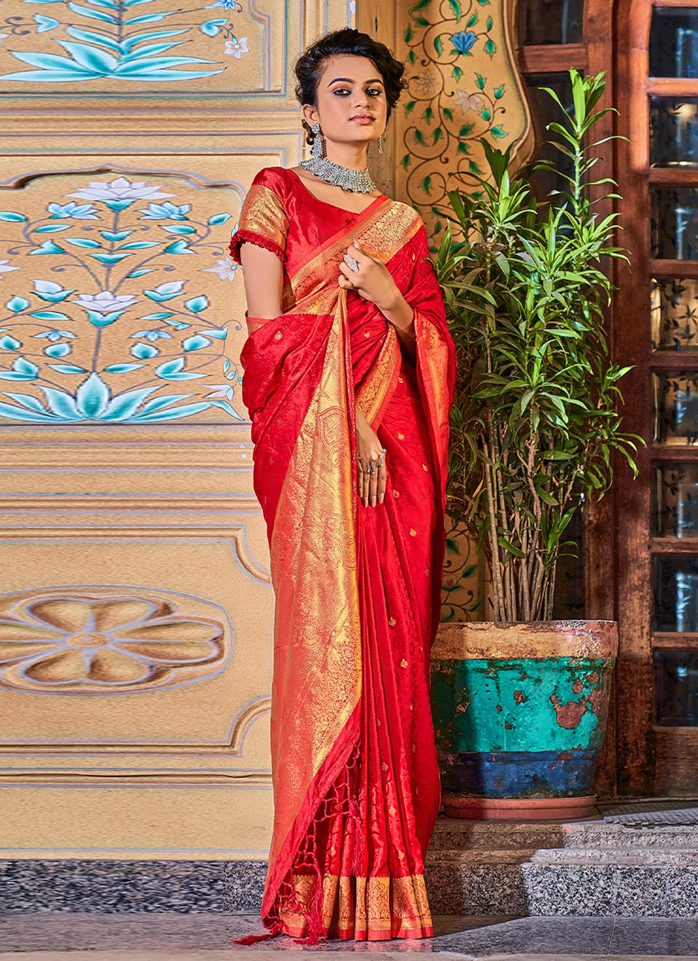 Traditional Saree Satin Silk Red Weaving Saree