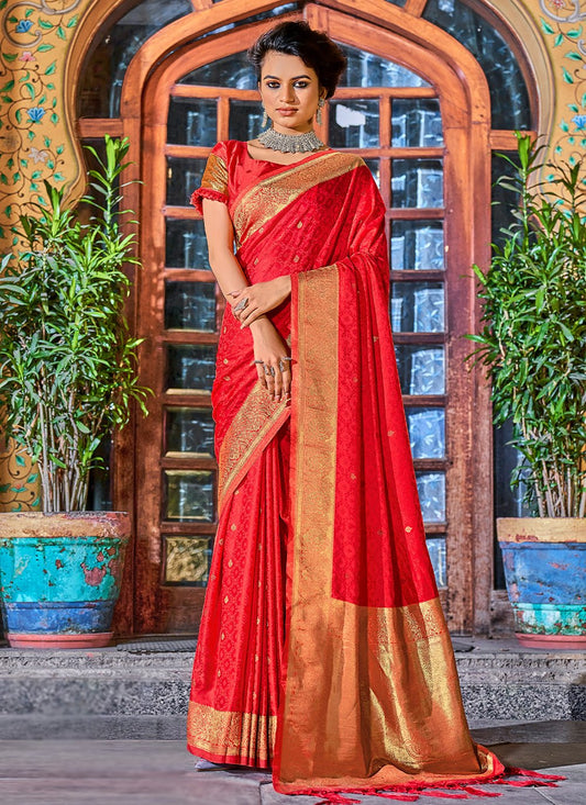 Traditional Saree Satin Silk Red Weaving Saree