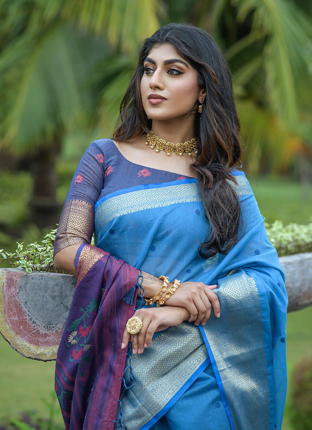 Trendy Saree Cotton Linen Blue Jacquard Work Saree