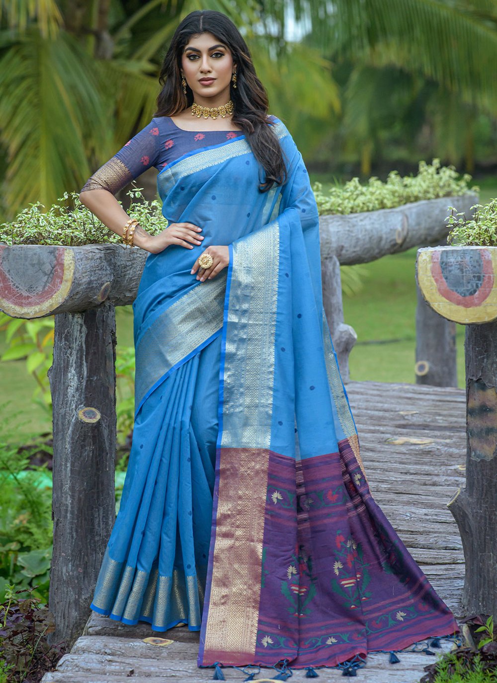 Trendy Saree Cotton Linen Blue Jacquard Work Saree