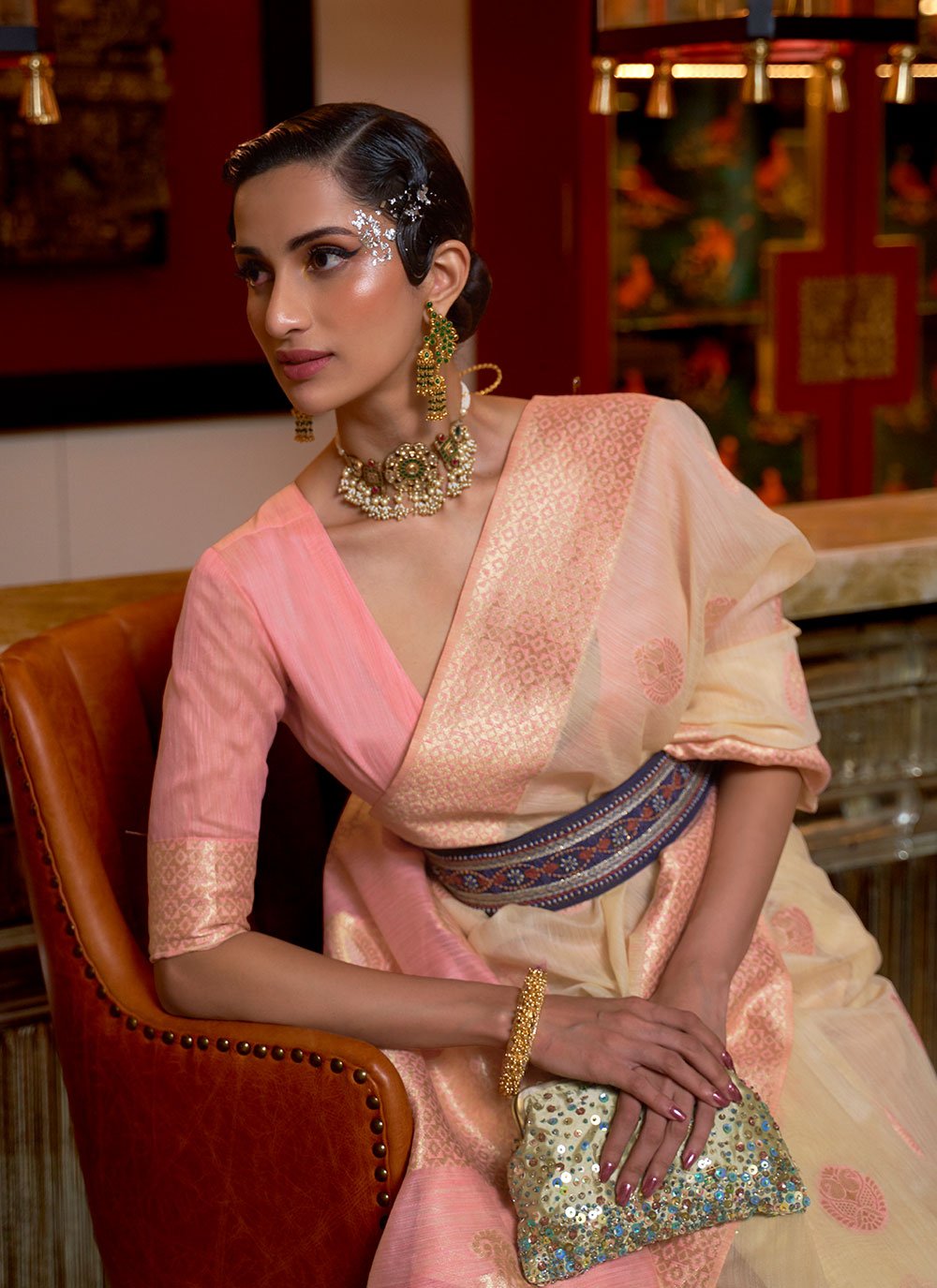 Classic Linen Cream Weaving Saree