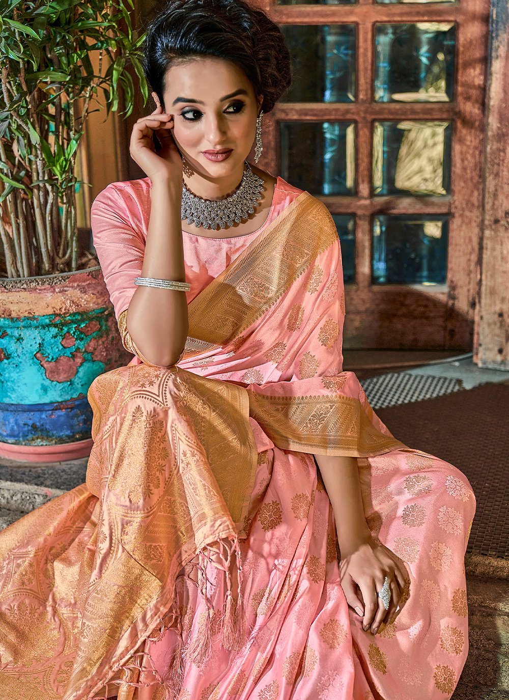 Classic Satin Silk Peach Weaving Saree