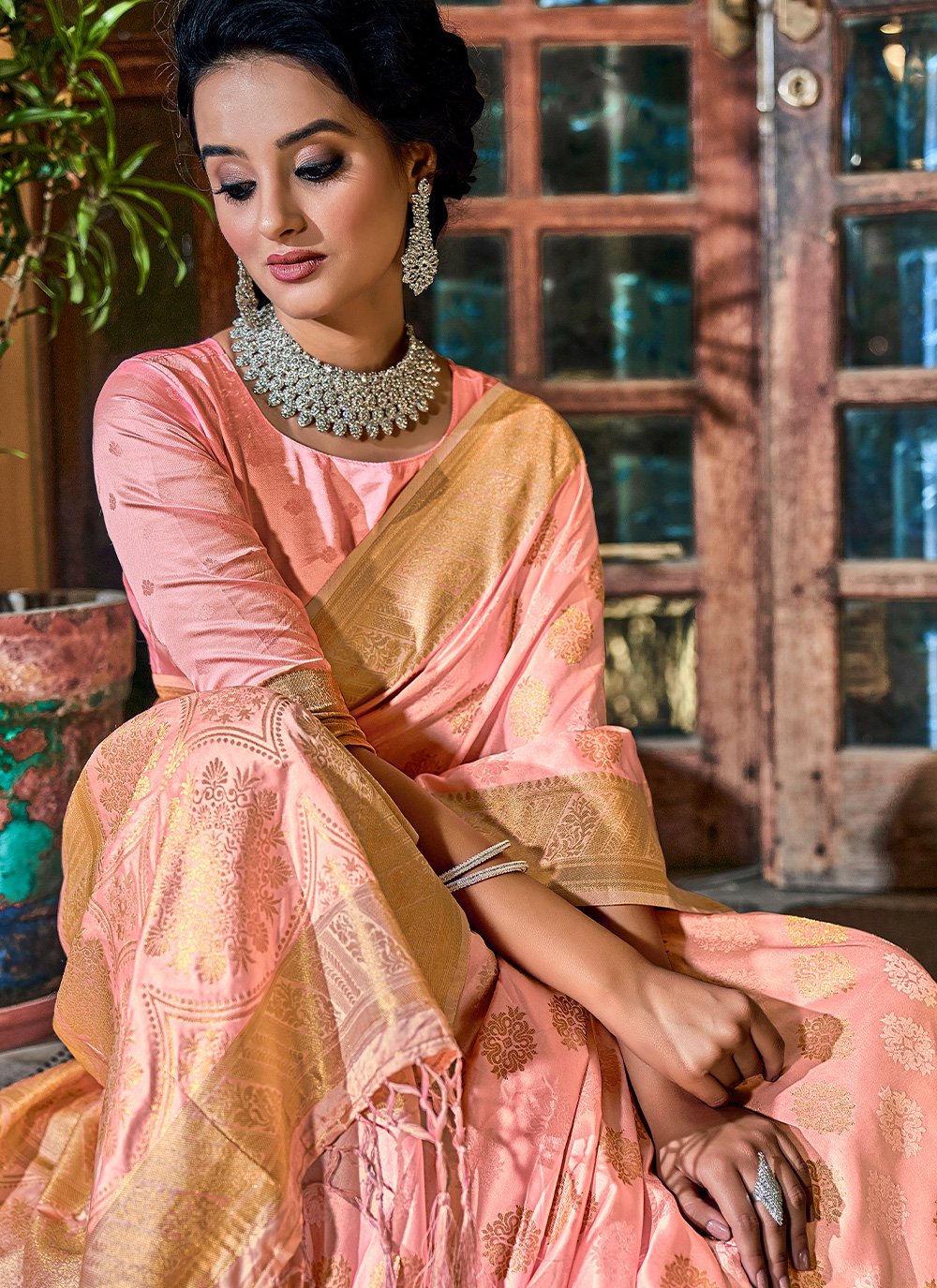 Classic Satin Silk Peach Weaving Saree